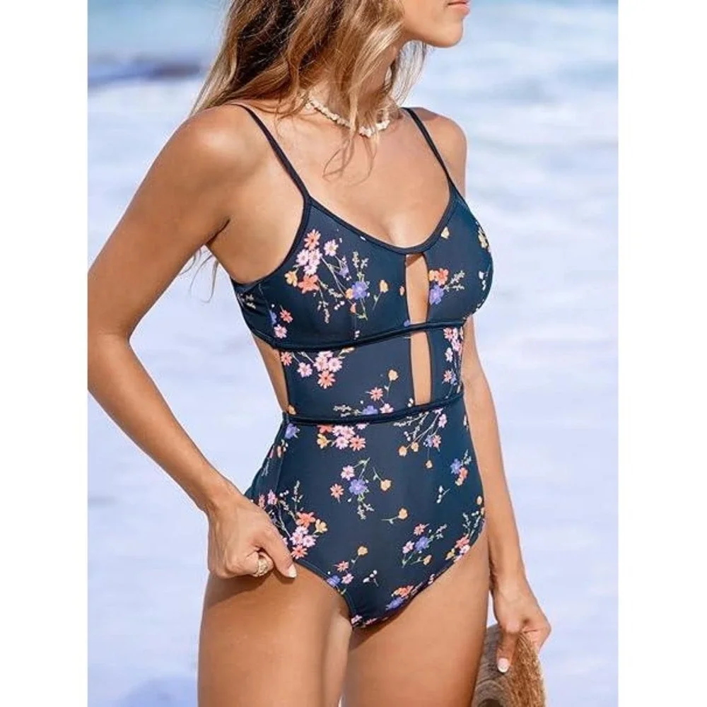 CUPSHE One Piece Swimsuit Cutout Tie Back Blue Floral‎ Bathing Suit Size Large